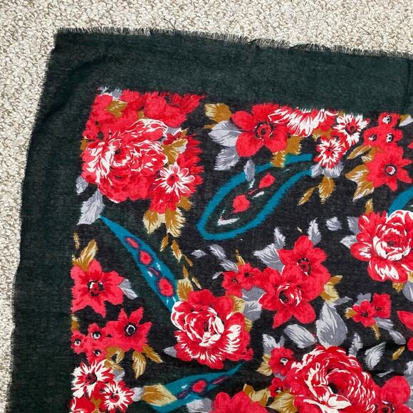 Vintage Worthington Wool Floral Scarf Black Red 35in Square English Countryside - Picture 4 of 9